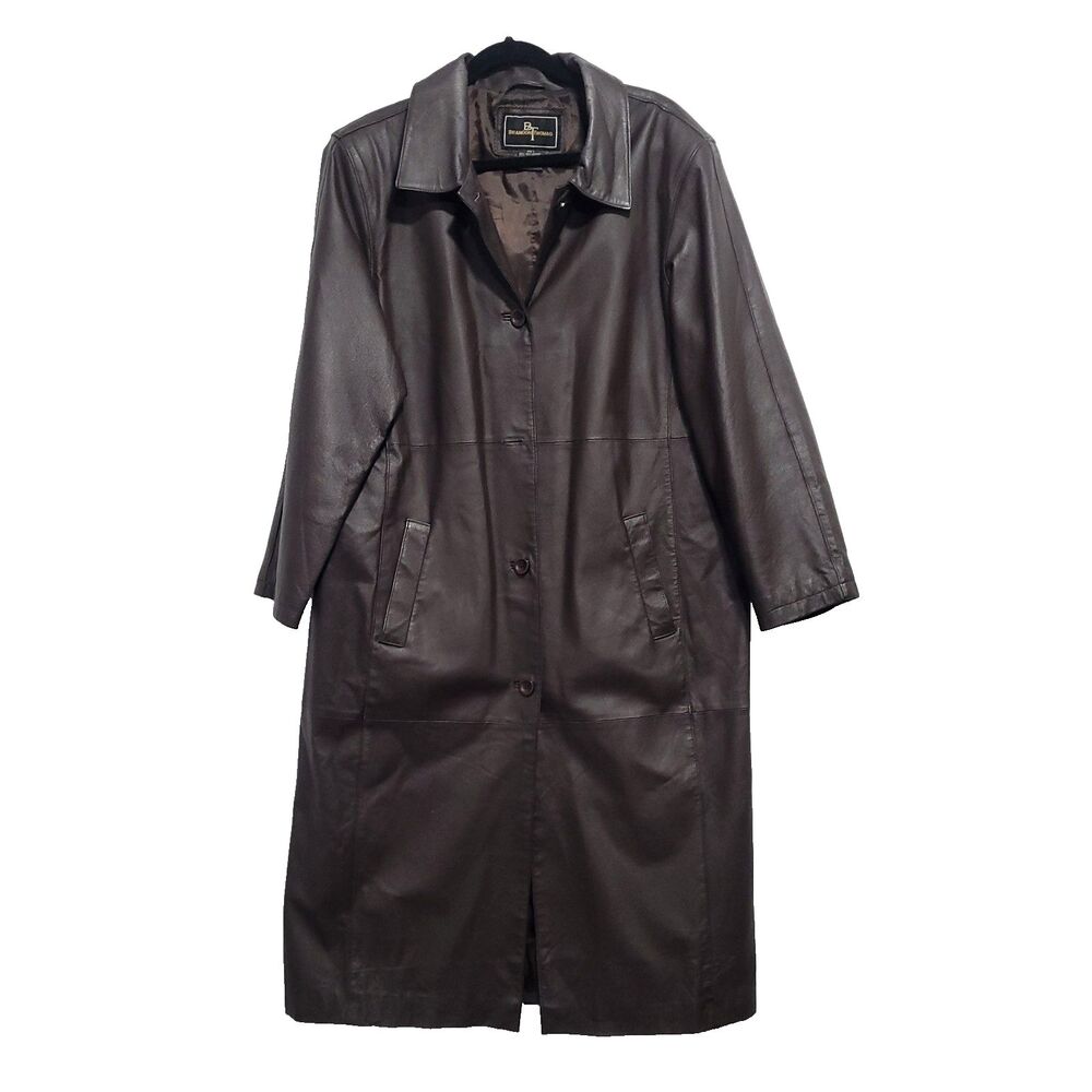 Vtg Leather Duster trench Coat BT Brandon Thomas L Chocolate Brown L western